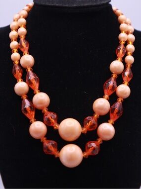 Vintage signed Germany Double Strand Acrylic Peach & Orange Bead Necklace